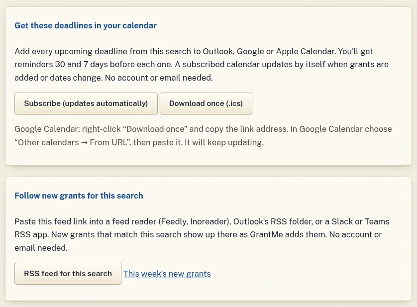 Two boxes under search results. The first offers Subscribe and Download once buttons for a deadline calendar. The second offers an RSS feed for this search and a link to this week's new grants.