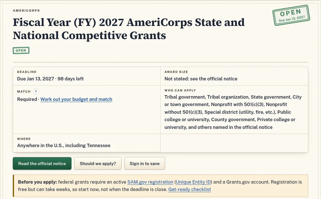The top of a grant page with a green Open stamp. The key facts box shows the deadline, award size, match, who can apply and where. Below are buttons to read the official notice, check whether to apply, and save.