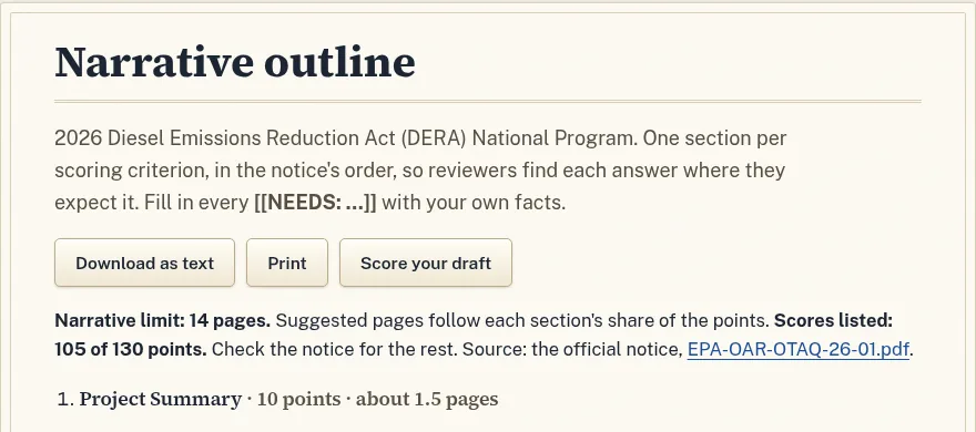 A narrative outline page. Buttons read Download as text, Print and Score your draft. Below is the page limit, the points listed, and the first section with its points and suggested length.
